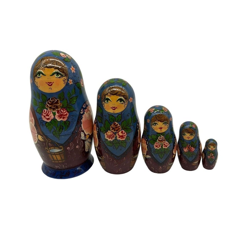 Russian Handpainted Wooden Nesting Dolls - Set of 5 - Tallest is 6" Dated 1992